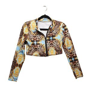 Crop Top Full Zip Size S (4-6) Leopard Print Women Long Sleeve Spandex Knit